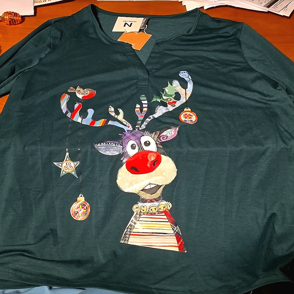 Festive Green Reindeer Long Sleeve Tee